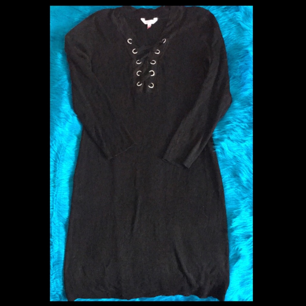 All Black Long Sleeve Midi dress with drawstring Ring Neckline.